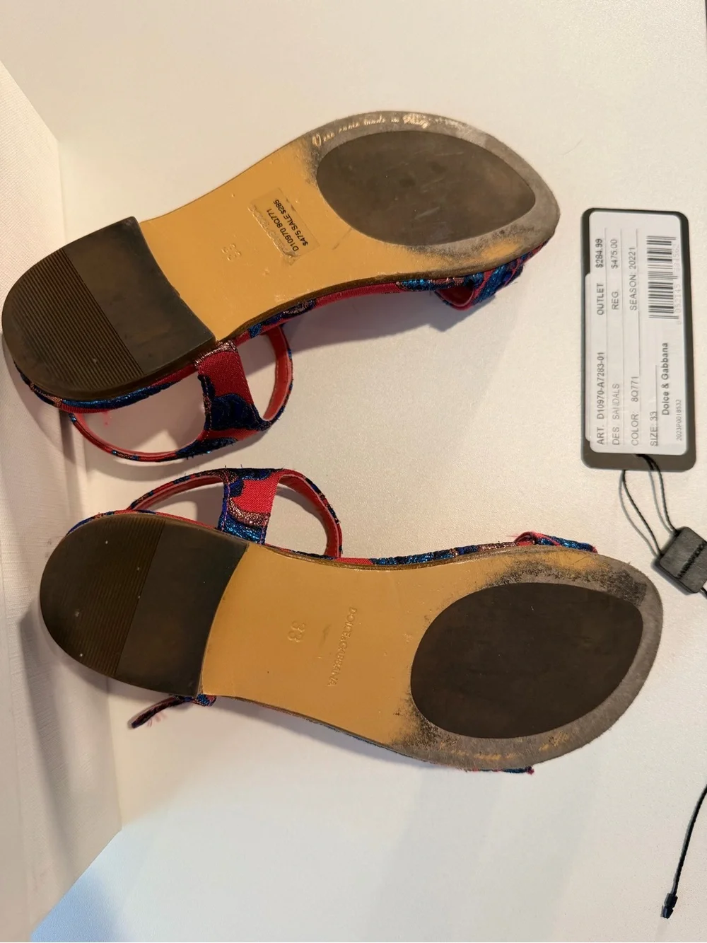 Dolce & Gabbana Red and Blue Embroidered T-Strap Sandals with Gold DG Accent